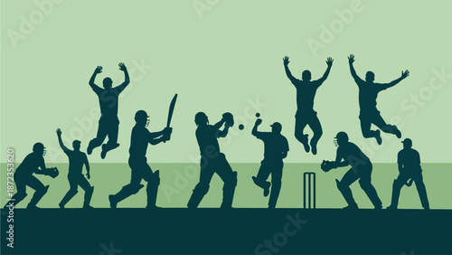 Cricket players celebrating a victory on the field with joyful silhouettes
