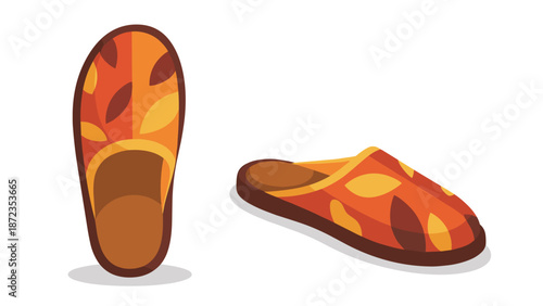 A pair of cozy, patterned slippers in warm orange and brown tones, ideal for indoor comfort and relaxation.