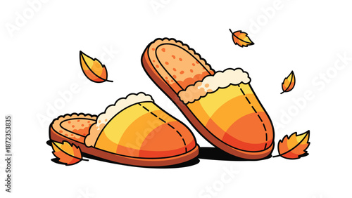 Warm, fuzzy slippers in shades of orange and yellow, surrounded by falling autumn leaves, perfect for fall comfort.