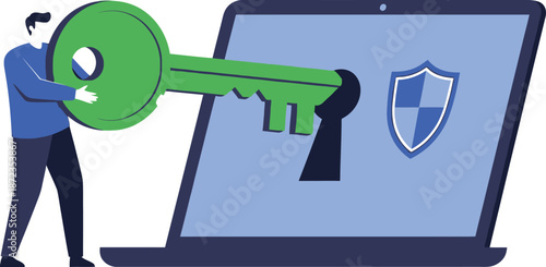 Cybersecurity concept with person inserting key into laptop