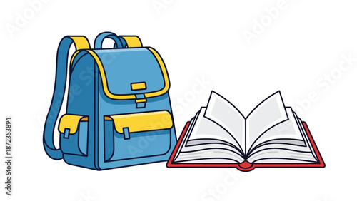 A blue backpack with yellow accents and a red clasp, placed next to an open book, suggesting school or study.