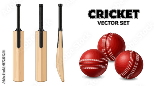Cricket equipment set displayed on a clean white background with bats and balls
