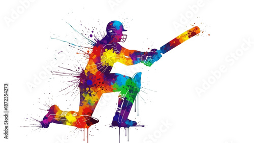 Vibrant illustration of a cricketer in action, bat in hand, splattered with colorful paint, in a dynamic pose