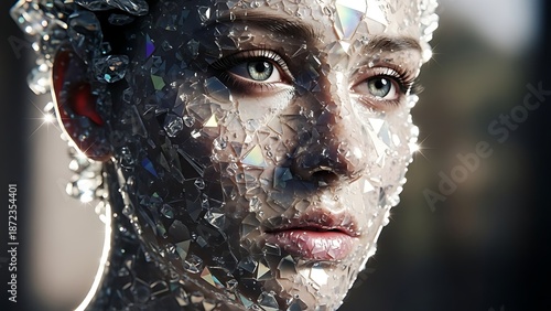 Ultra-detailed surreal portrait with crystal-like textures, glossy highlights, expressive eyes, artistic photography