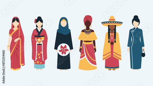 Diverse Women Wearing Traditional Cultural Clothing.