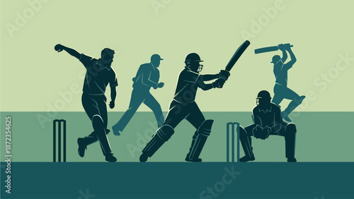 Cricket players in action on the field during a match with batsmen and bowlers