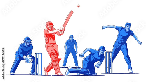 Cricket players in action on the field during a competitive match with batsman hitting the ball