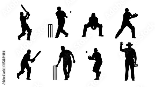 Silhouettes of cricket players in various actions and positions on a white background