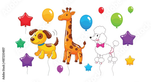Cartoon giraffe dog poodle and colorful balloons float in a whimsical scene