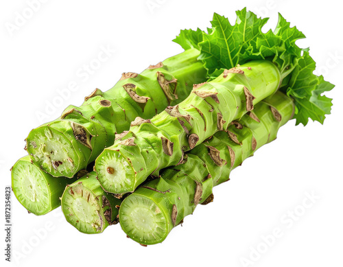 A stack of vibrant green cut stems with leafy tops against a black background