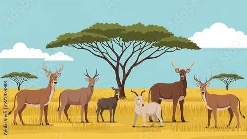 Group of Antelopes Standing Together.