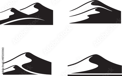 Mountain silhouettes against a white background, illustrated from various viewpoints