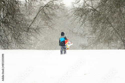 Winter Snowstorm Scene With Child Walking Alone Across White Field During Heavy Snowfall, Nordic Minimalism,