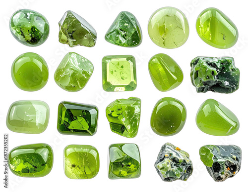 Close-up studio shot of a collection of radiant green gemstones with various shapes