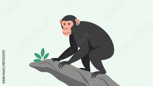 Monkey Climbing Rock with Green Leaves.