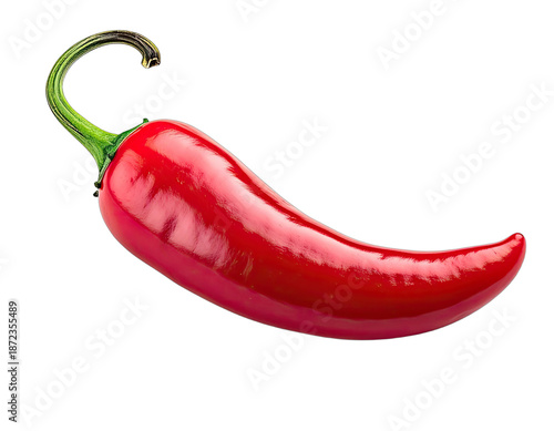 A vibrant, glossy, isolated red chili pepper, curved and with a green stem, on black