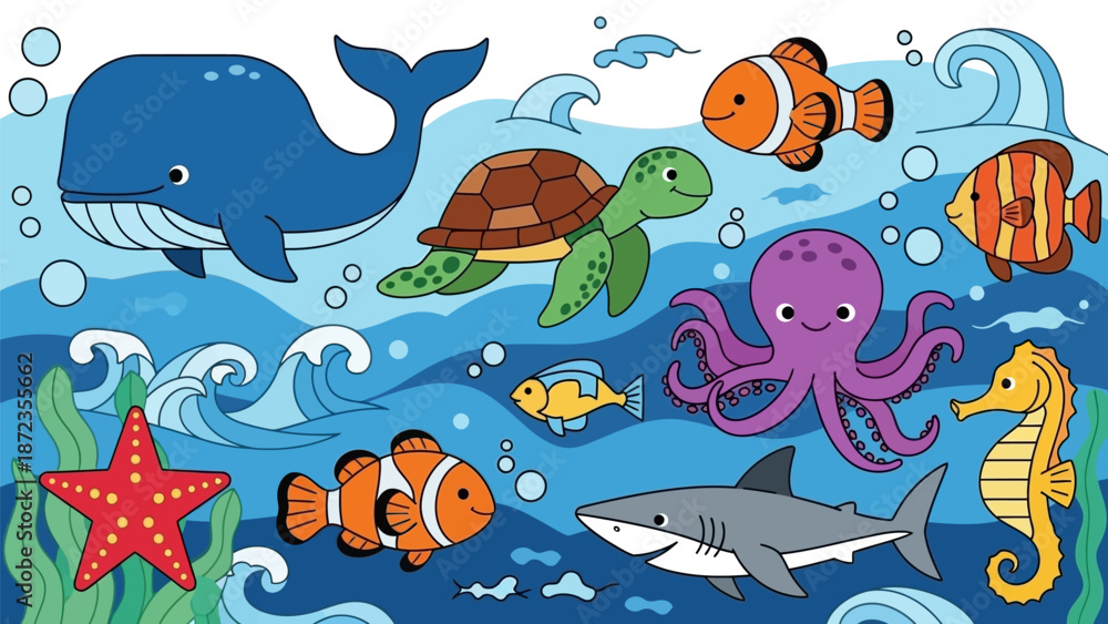 Naklejka premium Colorful Cartoon Ocean Creatures Underwater Scene.