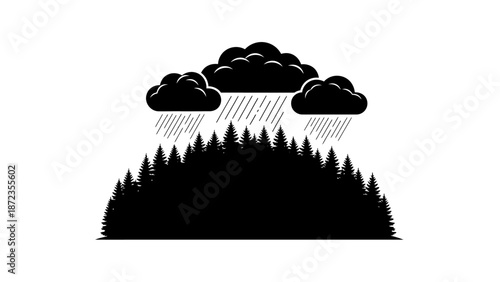 Rainy Weather Illustration with Clouds and Trees.