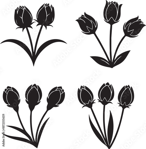Collection of black tulip silhouettes on a white background
