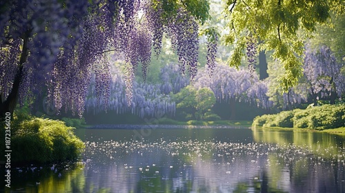 Lush wisteria blooms cascade over a tranquil pond in a vibrant garden.