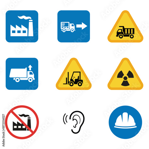 Industrial safety and heavy vehicle warning signs icons set