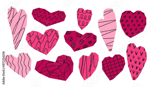 Set of hand drawn abstract hearts with doodle patterns. Cute romantic elements isolated on white for Valentine’s Day, love designs, cards and decor.
