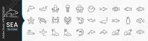 Minimal Sea Animal Line Icons Set | Outline Marine Life Collection with Fish, Dolphin, Octopus and Crab