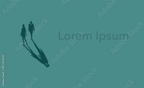 Amorous  thoughts and a mutual attraction between a man and woman is projected onto their cast shadows on the ground in this 3-d illustration about meeting and falling in love.