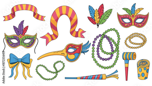 Festive Mardi Gras Elements for Celebration and Design with Masks and Beads