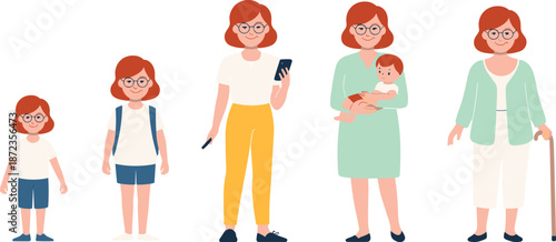 Woman Life Cycle Flat Illustration Showing Female Growth Stages from Childhood Student Adulthood Motherhood to Senior Age Character Design on White Background