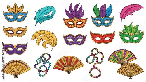 Mardi Gras Festivities: Masks Feathers Beads and Fans for Celebration and Fun