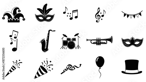 Black and White Festive Party Celebration Elements and Carnival Mask Illustrations