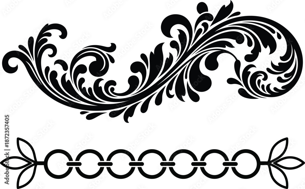 Fototapeta premium Antique Chain Border and Floral Flourish Decorative Design Element