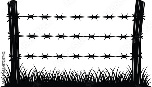 Barbed wire fence silhouette with wooden posts, rural security boundary concept isolated on white background illustration