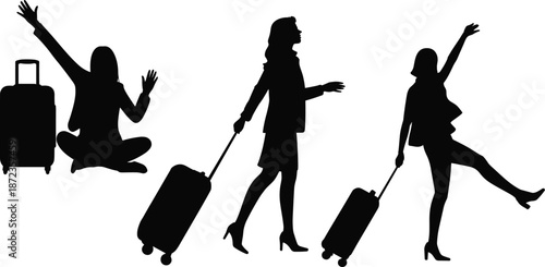 Woman traveler silhouettes with rolling suitcase in joyful and walking poses isolated on white background for travel, tourism and vacation concept design