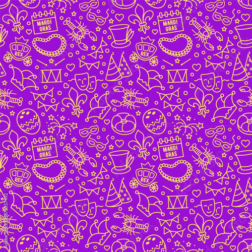 Mardi Gras seamless background with linear carnival icons