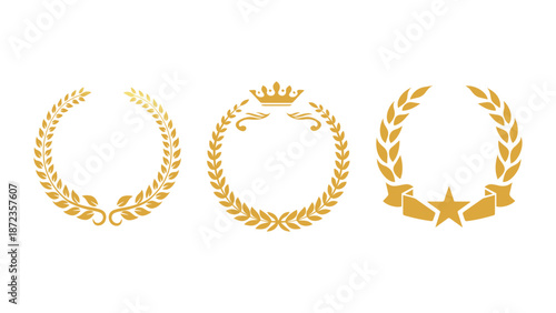 Golden Laurel Wreath Set with Crown and Star Award Emblem Designs