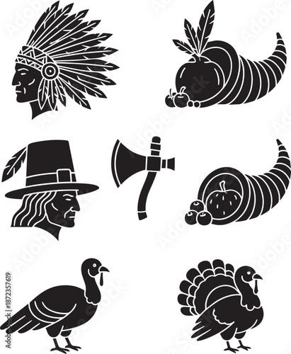 Native American Headdress and Thanksgiving Symbols Flat Design Vector Illustration Set