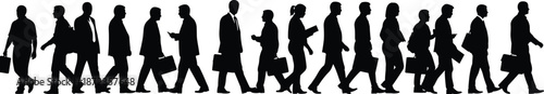 Business people silhouettes walking in line with briefcases, corporate professionals daily work commute concept isolated on white background