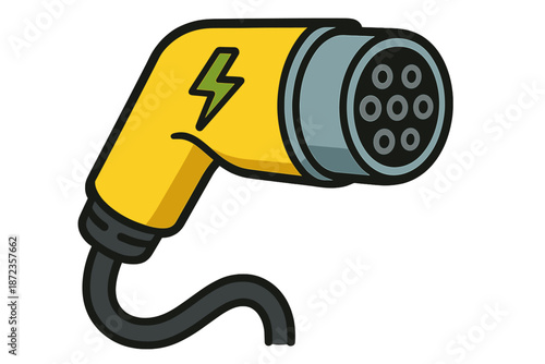Electric vehicle charging station connector placed on a colored background with a clear focus on its details and structure