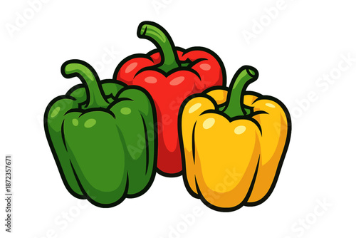 Different colors of bell peppers are arranged on a white background with emphasis on their shapes and freshness during daytime