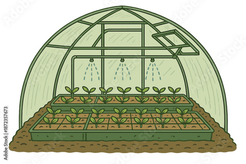 Greenhouse with plants growing under watering system during day