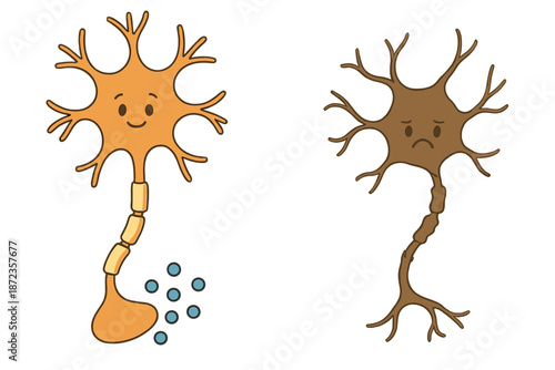Cartoon neurons display different expressions and structures in a science illustration