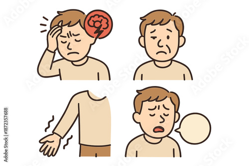 Young person showing signs of headache, fatigue, and discomfort in different expressions and poses with a simple background