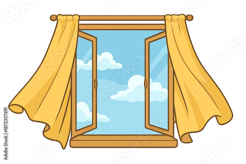 Open window with yellow curtains showing a clear sky and clouds on a sunny day