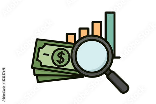 Visual representation of financial analysis showing money, a magnifying glass, and a growth chart