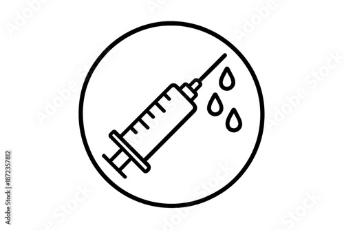 Syringe with drops of liquid, representing medical procedures and health practices in a simple design