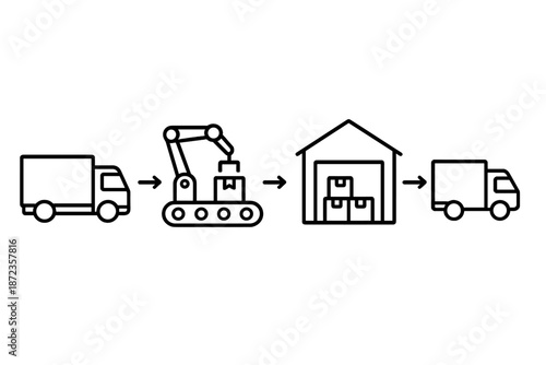 Process of transporting goods from truck to warehouse and back to another truck