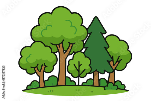 Trees in a simple cartoon design with different shapes and sizes on a grassy area at midday
