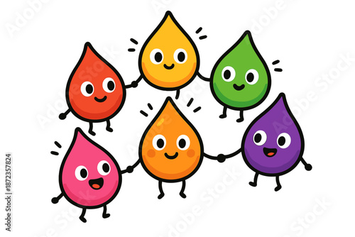 Colorful drops hold hands and smile in a playful composition with cheerful expressions